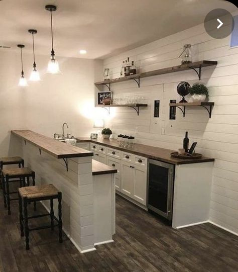 Basement Kitchen No Window, Modern Farmhouse Bar Area, Small Basement Kitchen With Island, Bonus Room Kitchenette, Shop Kitchenette, Downstairs Bar Ideas, Small Kitchen Bar Ideas, L Shaped Basement Bar Ideas, Farmhouse Basement Bar Ideas