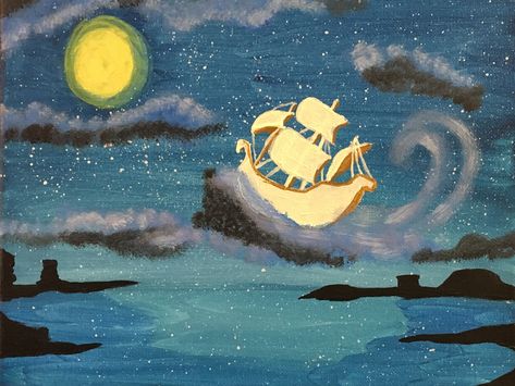 Peter Pan, Neverland, Jolly Roger, Pirate Ship, Acrylic Painting Peter Pan Painting, Peter Pan Decor, Peter Pan Neverland, Neverland Art, Jolly Roger, Creative Painting, Diy Canvas Art Painting, Pirate Ship, Diy Canvas Art