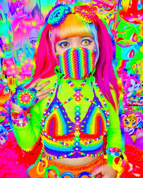 No photo description available. Kawaii, Hyperpop Style, Hyperpop Outfit, Kandi Kid Outfit, Kandi Outfits, Kidcore Aesthetic Outfits, Kandi Harness, Rainbow Rave Outfit, Scene Kid Outfits