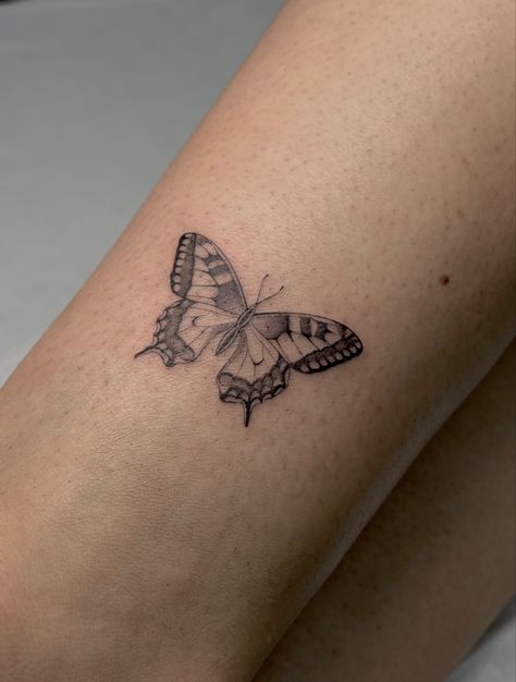 Find Line Butterfly Tattoo, Butterfly Tattoo Shading, Fine Line Tattoo With Shading, Monarch Fine Line Tattoo, Micro Realism Butterfly Tattoo, Fine Line Shading Tattoo, Boho Butterfly Tattoo, Closed Butterfly Tattoo, Find Line Tattoo