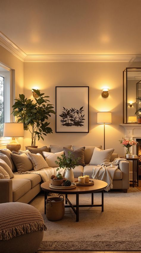 Cozy Lighting Living Room Cozy Living Rooms With Lights, Cozy Living Room At Night, Sun Reading Room, Lighting For A Living Room, Living Room Vibes Cozy, Living Room Uplighting, Uplights Living Room, Dark Living Room Ideas Brighten, Big Lamps For Living Room