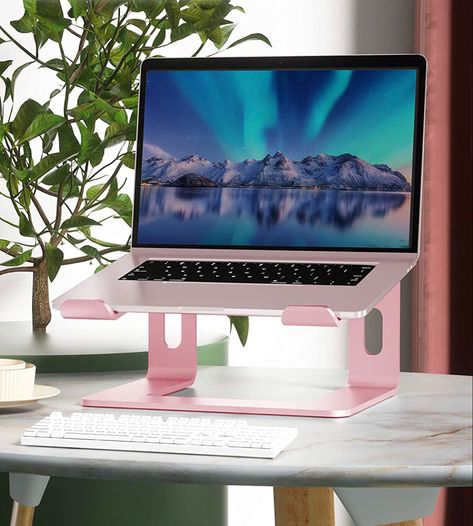 Laptop Stand Aesthetic, Laptop Stand For Desk, Computer Riser, Desk Metal, Mini Laptop, Future Room, Pink Laptop, Desk Inspiration, Computer Stand