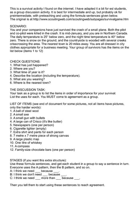 Survival Discussion Activity (Plane Crash in Canada) Staff Retreat, Modal Verbs, Group Discussion, Leadership Activities, Off Grid System, Life Coach Training, Army Training, Role Playing Games, Camp Ideas