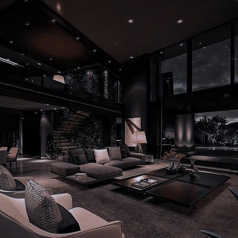 Black Penthouse Interior, Dark Penthouse, Black Penthouse, Penthouse Apartment Aesthetic, Penthouse Aesthetic, Penthouse Interior, Luxury Penthouse, Black Living Room, Penthouse Apartment