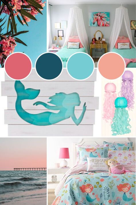 Mermaid Accent Wall, Kids Bedroom Princess, Mermaid Bedroom Ideas, Girls Room Mermaid, Little Mermaid Room, Bedroom Mood Board, Violet Room, Girls Room Colors, Sister Room