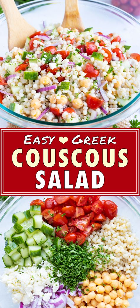 This Mediterranean Couscous Salad is a healthy and easy cold summer salad. This vegetarian side dish is perfect for lunch or dinner. You can easily meal prep this recipe ahead of time to bring to your summer picnics or July 4th celebration. It's full of fresh ingredients like diced cucumbers, tomatoes, feta cheese, garbanzo beans, and tossed in a healthy olive oil and lemon juice dressing. #couscous #salad #summer #Greek #mediterranean #lunch Couscous Recipes Mediterranean, Breakfast Couscous, Greek Couscous, Greek Couscous Salad, Mediterranean Couscous Salad, Couscous Salad Recipes, Mediterranean Couscous, Salad With Tomatoes, Salad Summer