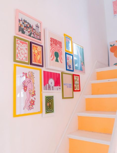 Colorful Wall Art Frames, Fun Picture Frame Wall, Coloured Frames On Wall, Colourful Picture Frames On The Wall, Maximalist Picture Frame, Colorful Gallery Wall Staircase, Playroom Wall Collage, Colourful Frames On Wall, Coloured Picture Frames