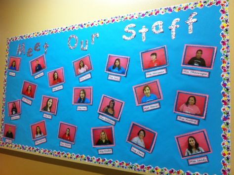 Meet our staff bulletin board.. School Staff Picture Bulletin Board Ideas, Office Notice Board Ideas Creative, Meet Our Teachers Bulletin Board, Meet Our Staff Bulletin Board Ideas Office, Meet The Staff Bulletin Board Ideas Office, Employee Picture Board Ideas, Staff Notice Board Ideas, Staff Board Ideas Display Teachers, Meet Our Team Bulletin Board Ideas