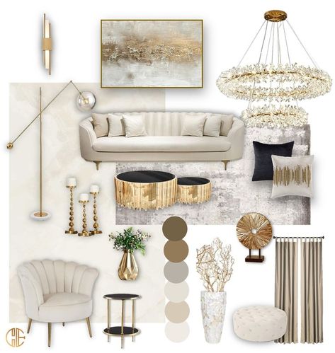 Cream White Grey Living Room, Gold Black And Cream Living Room, White And Gold Small Living Room, White Cream And Gold Living Room, Neutral Glam Living Room Decor, Neutral Elegant Living Room, Black And Gold Accents Living Room, Grey Yellow Gold Living Room, Grey And Cream Living Room Ideas Modern