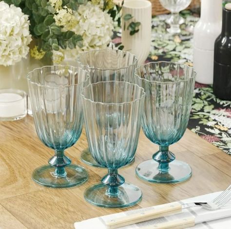 Shop 15 Drew Barrymore-Approved Products Right Now | Us Weekly Blue Water Goblets, Long Stem Wine Glasses, Large Wine Glass, Vintage Drinking Glasses, Beer Float, Glass Goblets, Kim Seybert, Stoneware Dinnerware Sets, White Wine Glasses