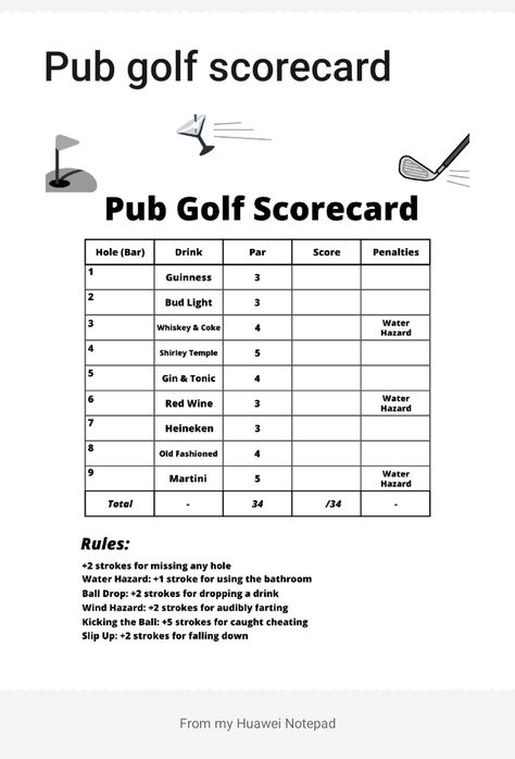 Golf Theme Hen Party, Bar Golf Scorecard, Golf Bar Crawl, Pub Golf Rules, Pub Golf Scorecard, Bar Golf, Pub Golf, Golf Bar, Golf Scorecard