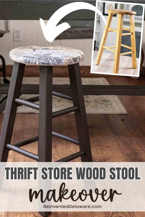 Are you ready to get creative and give new life to a thrift store wood stool? In this blog post, I'll guide you through the step-by-step process of transforming a plain and ordinary wooden stool into a unique and eye-catching piece that will add charm to any room. I will also share other ideas you can use for your next wood stool makeover! Who knows, you might already have a stool sitting in your stash ready for a transformation! Saddle Stool Makeover, Wood Stool Design Ideas, Diy Wood Bar, Stool Redo, Wooden Stools Diy, Furniture On A Budget, Bar Stool Makeover, Painted Bar Stools, Stool Makeover