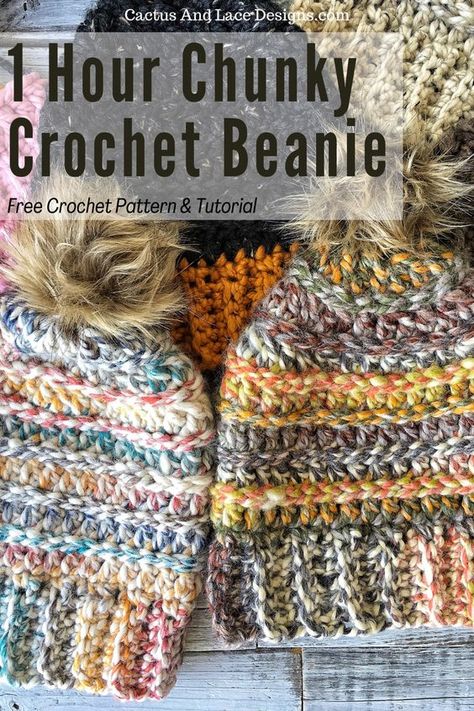 Super Bulky Crochet Hat Free, 1.5 Hr Crochet Beanie, Bernat Beanie Crochet Hats, Easy Crochet Winter Hats, Quick Hat Crochet Pattern, Thick And Quick Hat Pattern, Bulky Yarn Beanie Crochet Pattern, Basic Hat Crochet Pattern Free, Easy Beginner Crochet Beanie