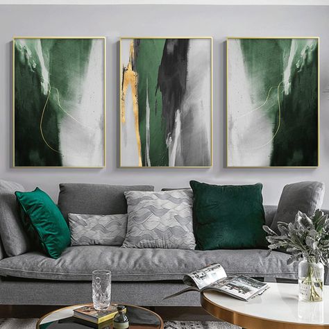 Green Wall Art Large, Grey Living Room With Green Accents, Green Black And Gold Bedroom, Black And Green Living Room Ideas, Cream And Green Living Room, Green Grey Living Room, Black And Green Living Room, Black And Green Decor, Green And Gray Living Room