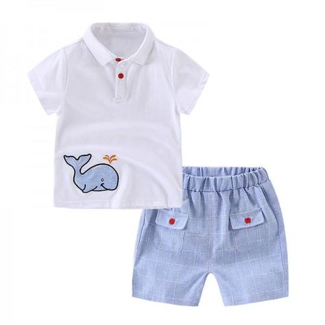 2-piece Cool Whale Applique Short Sleeves Tee and Plaid Shorts for Boys  #matchingoutfit #toddles #kid #baby #momandbaby #dadandbaby #family #cute #clothing #babysuit #romper #tshirt #tee #dress #fashionoftheday #patpat #patpatshopping #cuteclothes #newborn #babygirl #outfitsforschool #onepiece #cuteoutfits #mommyandkids #babyboy Kids Outfits Boys Summer, Whale Applique, Cute Whale, Baby Boy Summer, Baby Boy Dress, Toddler Boy Fashion, Kids Designer Dresses, Boys Summer, Kids Clothes Boys