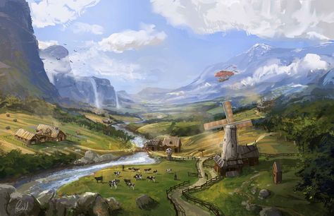 Fantasy Countryside by ~JonathanP45 on deviantART Walled Town Fantasy Art, Fantasy Plains Village, Farming Village Fantasy Art, Farming Village Concept Art, Fantasy Agriculture, Fantasy Farming Village, Fantasy Countryside, Fantasy Plains, Farming Village