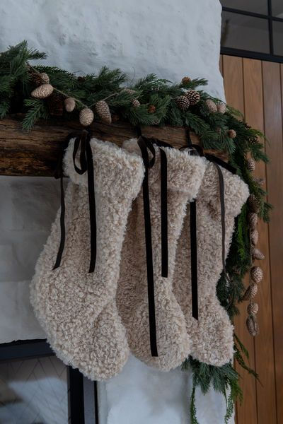 Felix Cream Sherpa Fabric Stocking | Scout & Nimble Modern Christmas Present Wrapping, Christmas Stocking Fireplace, Cozy Cottage Christmas Tree, Natal, Modern Cottage Christmas, Rustic Mountain Christmas Decor, Vintage Theme Christmas Tree, Traditional Xmas Decor, Ralph Lauren Inspired Christmas Decor