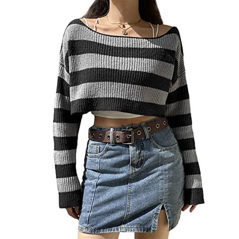 Punk Fabric, Sweater Off Shoulder, Y2k Inspo, Cropped Sweaters, Street Y2k, Cropped Pullover, Vintage Punk, Loose Pullover, Top Streetwear