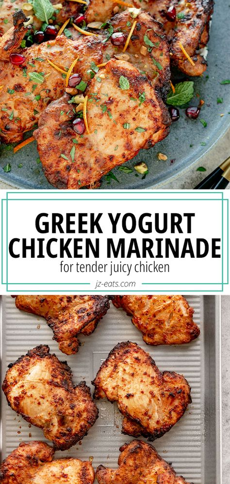 Curry Greek Yogurt Chicken, Greek Bbq Chicken, Clean Chicken Marinade, Greek Yogurt Recipes Chicken, Chicken Marinade Yogurt Recipes, Chicken Marinades With Yogurt, Marinated Chicken Recipes Baked, Medeteranian Chicken Marinade, Spiced Yogurt Chicken