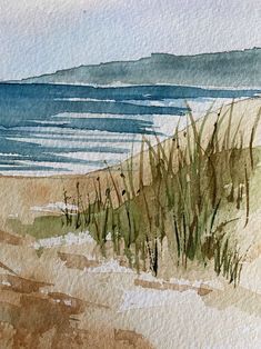 Watercolor Paintings Aesthetic, Summer Watercolor Paintings, Painting Tricks, Sheep Paintings, Watercolor Scenery, Beach Art Painting, Watercolor Art Landscape, Learn Watercolor Painting, Beach Grass