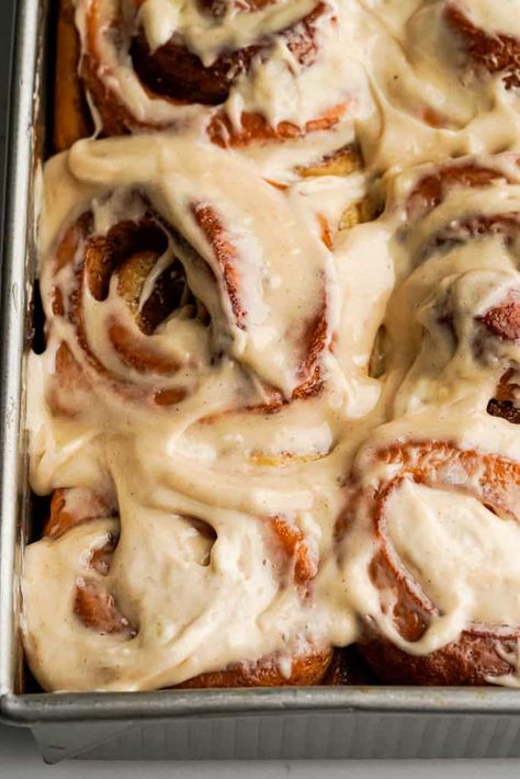 Cinnamon Rolls with Heavy Cream - Whisper of Yum Whisper Of Yum Cinnamon Rolls, Brown Sugar Icing For Cinnamon Rolls, Cinnamon Rolls With Brown Butter Icing, Cinnamon Rolls With Brown Butter Frosting, Browned Butter Cinnamon Rolls, Brown Butter Cinnamon Rolls, Cinnamon Roll Cream Cheese Frosting, Cinnamon Roll Frosting Recipe, Frosted Cinnamon Rolls