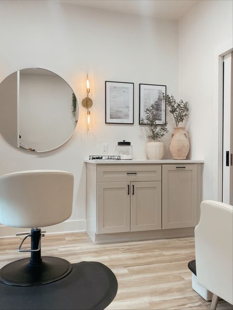 NC neutral salon suite decor design Aesthetic Salon Suite Ideas, French Salon Aesthetic, Mini Salon Suite Ideas, Hair Salon Room Divider Ideas, Small Basement Salon Ideas, Cabin Hair Salon, Aesthetics Salon Interior Design, Salon Suite Lighting Ideas, Home Salon Aesthetic