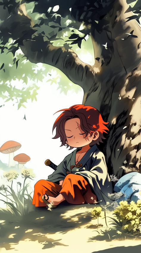 Red haired shanks one piece relaxing under the tree Shanks Wallpapers, Red Haired Shanks, Small Posters, Relaxation Yoga, Random Fanart, Edgars Haircut, Yoga Nature, One Piece Series, One Piece World