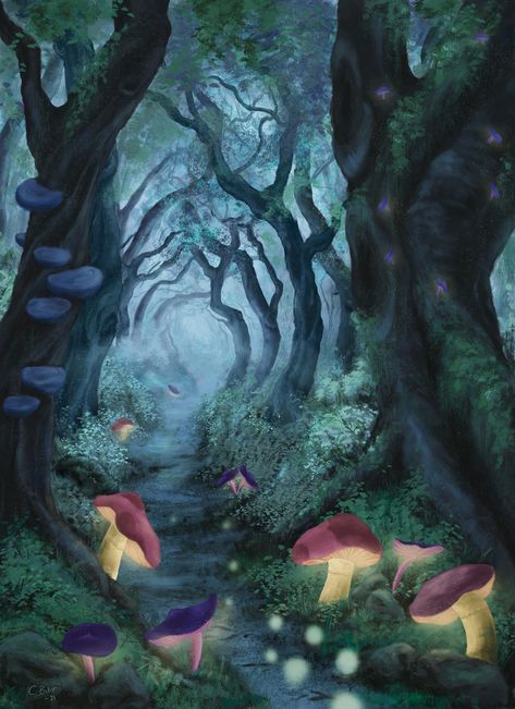 Dark misty forest path full of mushrooms Mushroom Land Painting, Mushroom In Forest Painting, Mystical Mushroom Forest, Forest Art Reference, Mythical Forest Art, Mushroom Forest Painting Acrylic, Mystic Forest Art, Mushroom Forest Painting Easy, Fantasy Forest Sketch