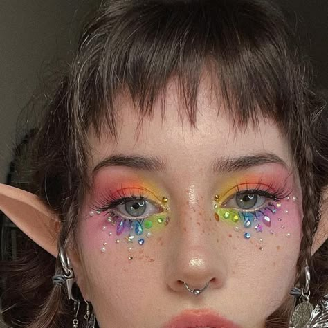 Rainbow Fairy Makeup, Rainbow Face Makeup, Rainbow Makeup Looks Pride, Rainbow Freckles, Rainbow Blush, Wicked Makeup, Kush Mascara, Rainbow Costume, Pride 2024