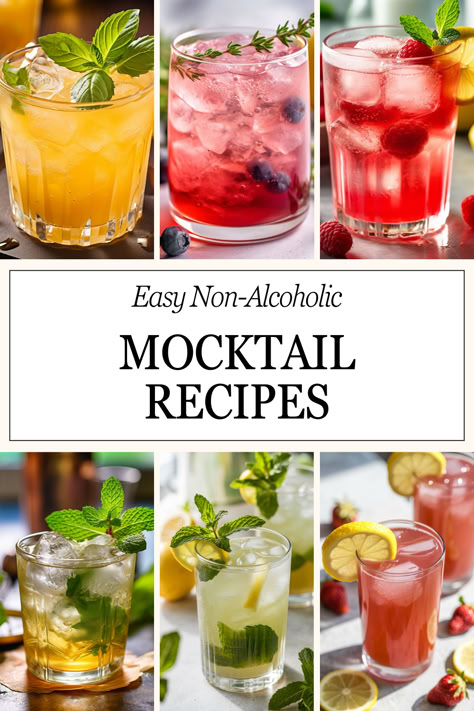 Discover 15 refreshing and delicious mocktail recipes! These non-alcoholic drinks are perfect for any gathering or relaxing at home. Simple, flavorful, and made with everyday ingredients. #mocktails #mocktailrecipeeasy #drinkrecipesnonalcoholic Recipes For Non Alcoholic Drinks, Dinner Drinks Nonalcoholic, Mocktails Non Alcoholic Bar Ideas, Non Alcohol Cocktail Recipes, Simple Mocktails Healthy, Mojito Mocktail Recipe Pitcher, Best Non Alcoholic Drinks For Party, Non Alcoholic Date Night Drinks, Mixed Non Alcoholic Drinks