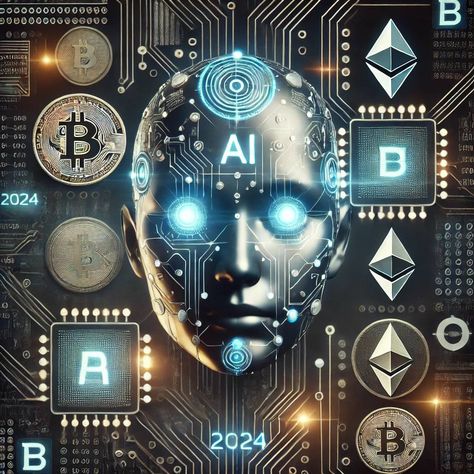 Illustration of AI and cryptocurrency symbols representing the intersection of technology and digital assets. Trading Bot, Online Stock Trading, Cryptocurrency Trading, Digital Assets, Stock Trading, New Opportunities, Cryptocurrency, The Future, The World