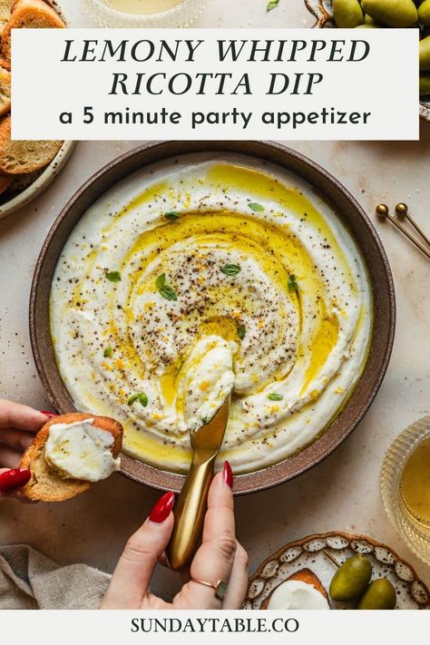 This lemony whipped ricotta dip is easy, creamy, and comes together in about 5 minutes! This Italian-inspired appetizer is by far one of my favorite recipes with ricotta cheese. Simply top it with olive oil and black pepper or try other toppings like hot honey, pistachios, balsamic glaze, olives, and more. This homemade dip is an amazing party snack for summer time or even winter holidays like Thanksgiving and Christmas. This recipe is one of my go-to snacks for parties, holidays, and more! Lemon Ricotta Dip, Recipes With Ricotta, Recipes With Ricotta Cheese, Whipped Ricotta Dip, Whipped Ricotta Recipe, Frozen Pudding, Ricotta Crostini, Ricotta Dip, Ricotta Cheese Recipes