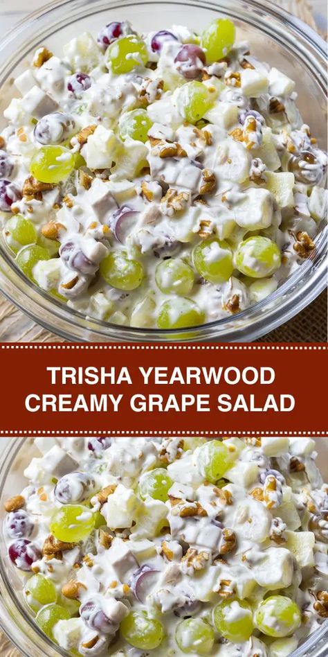 Try Trisha Yearwood's Creamy Grape Salad Recipe! This delicious and easy-to-make salad combines fresh green and purple grapes with a rich, creamy dressing. Perfect for potlucks, picnics, or any gathering, this refreshing dish is topped with brown sugar and pecans for an extra crunch. Learn how to create this crowd-pleasing recipe at home and add a sweet and tangy twist to your meal. Fruit Salad With Creamy Dressing, Grape Dessert Salad, Grape Snicker Salad, Trisha Yearwood Grape Salad Recipe, Fruit Salad With Grapes, Trisha Yearwood Grape Salad, Side Dish For Picnic Potluck Recipes, Grape And Apple Salad Recipe, Purple Salad Recipes