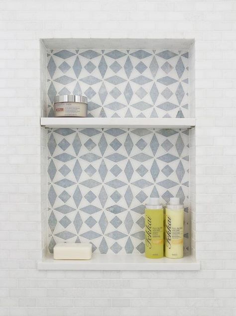 A shower niche is highlighted with white and gray Thassos mosaic tiles separated with a white marble shelf for extra storage space. Bathroom Niche, Popular Trends, Bad Inspiration, Shower Niche, Master Bath Remodel, Upstairs Bathrooms, Girls Bathroom, Bathroom Redo, Shower Stall