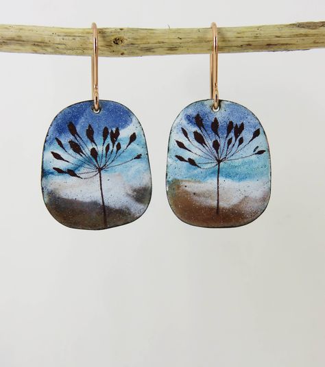 Unique Art Work, Artwork Landscape, Vitreous Enamel, Rounded Rectangle, Handmade Artwork, Enamels, Enamel Earrings, Enamel Jewelry, Colored Pencil