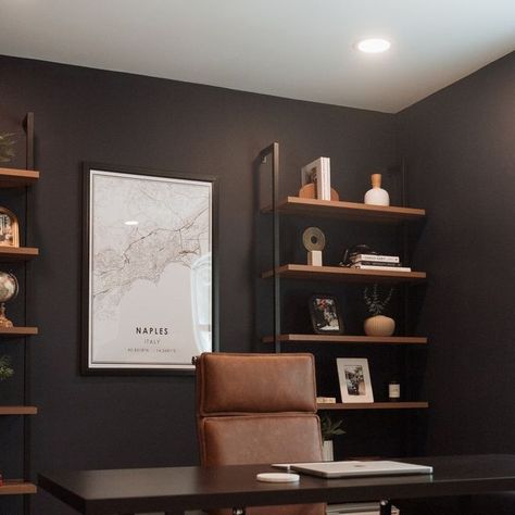 Small Tv Office Room Ideas, Mens Office Bookshelf, Nathan James Furniture, Men Office Ideas Home, At Home Office Men, Black And Leather Office, Mens Office Decor At Work Business, Man Office Aesthetic, Modern Men’s Office