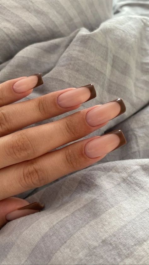 Autumnal Acrylic Nails, French Tip With Color Nails, Brown French Tips Square, Brown French Tip Square, Nail Ideas Fall Autumn, Brown Nails Design Fall, French Tip Nail Colors, Brown French Tip Nails Square, Nails November 2024