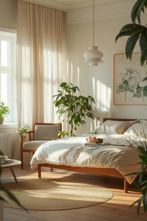 Step into tranquility with this stylish and natural bedroom interior. The well-lit space exudes warmth as sunlight filters through sheer curtains, casting dappled light on the inviting double bed adorned with white linens and a crumpled beige bedspread. A minimalist wooden chair, a vintage-inspired pendant lamp, lush green plants, and a small round table with a leisurely morning setup complete the serene atmosphere. Explore the perfect balance of modern and natural elements in this cozy haven. Light Green And Yellow Bedroom, Cosy Modern Bedroom, Cozy Bright Bedroom, Cozy Plant Bedroom, Calm Bedroom Aesthetic, Warm Toned Bedroom, Warm White Bedroom, Biophilic Bedroom, Beige Bedspread