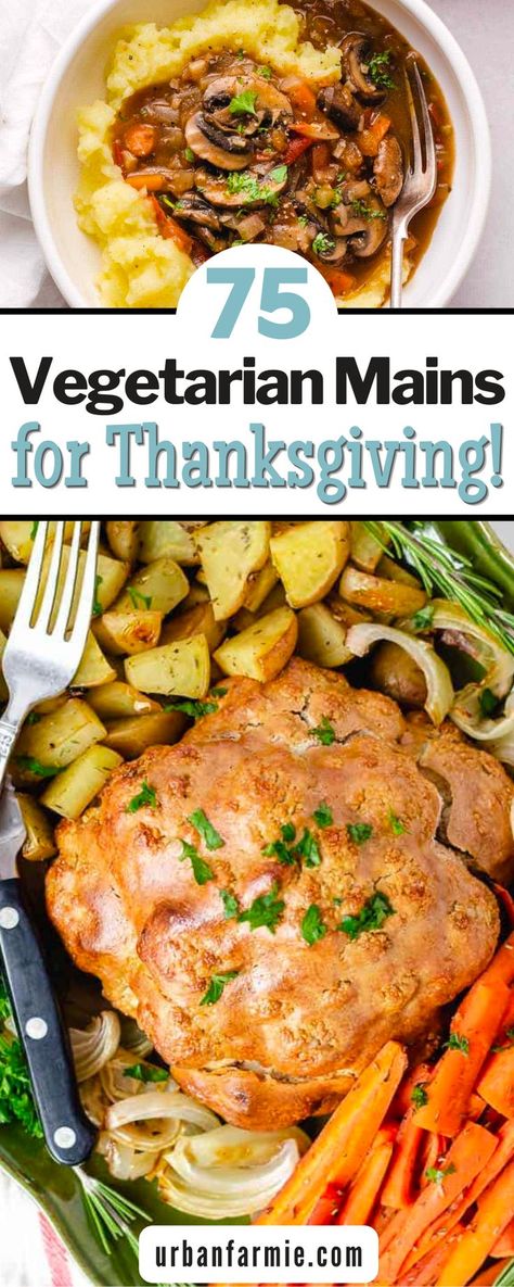 If you're looking for some vegetarian mains for Thanksgiving that will wow both your vegetarian and meat-eating guests, look no further! From nut roasts to delicious vegan stuffing and veggie-forward mains like a hearty stuffed squash, there are plenty of options to choose from. Forget about the Tofurky - these recipes are sure to please everyone at your table! Vegetarian Main Course Thanksgiving, Vegetarian Thanksgiving Protein, Vegetarian Thanksgiving Menu Ideas, Vegetarian Thanksgiving Crockpot Recipes, Vegetarian Protein Thanksgiving Recipes, Friendsgiving Food Ideas Vegetarian, Thanksgiving Recipes For Vegetarians, Easy Thanksgiving Recipes Vegetarian, Vegetarian Thanksgiving Entree