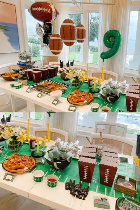 Football Birthday Party Ideas Decoration, Football Birthday Party Snacks, Football Birthday Party Foods, Superbowl Birthday Party, Kids Superbowl Party, Football Birthday Theme Ideas, Football Birthday Treats, Fourth Year Down Football Birthday, 3rd Year Down Birthday Theme