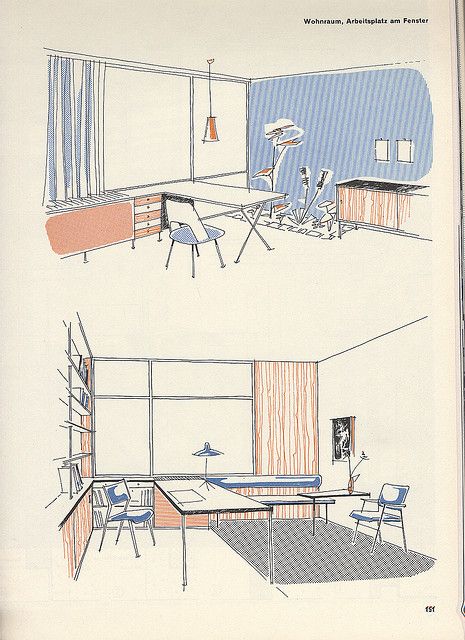 from a 50s AIT [Interiour] magazine Room Drawings Sketches Interior Design, Illustrator Magazine Design, Room Drawing Ideas, 50s Magazine, Interior Design Presentation, Drawing Sheet, Interior Design Sketches, Architecture Graphics, Interior Sketch