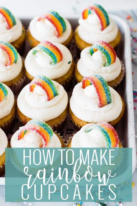 Cupcakes With Rainbows On Top, Easy Rainbow Cupcakes, Rainbow Decorated Cupcakes, Diy Rainbow Cupcakes, Rainbow Party Cupcakes, Diy Rainbow Birthday Cake, Rainbow Sprinkle Cupcakes, Unicorn Cupcakes Easy, Rainbow Themed Cupcakes