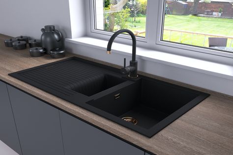 Black Sinks In Kitchen, Kitchen Sinks Ideas, Grey Kitchen Sink, Kitchen Sink Ideas, Black Kitchen Taps, Floating Sink, Kitchen Plan, Galley Kitchen Design, Modern Kitchen Sinks