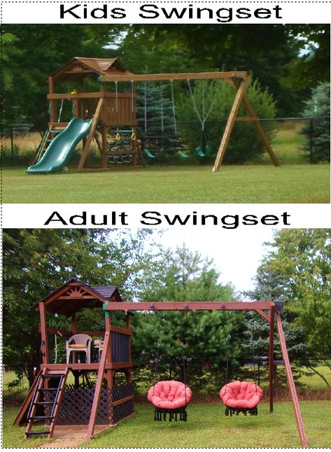 Teen Swingset Makeover, Playset Makeover For Adults, Repurposed Playground, Old Swingset Repurpose, Backyard Fun For Adults, Adult Swing Set Diy, Playset Makeover, Swing Set Diy, Adult Playground