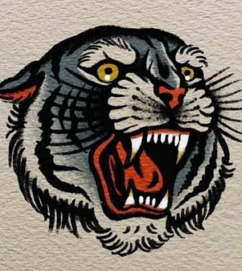 American Traditional Tiger, Tiger Study, Snow Leopard Tattoo, Traditional Tiger Tattoo, Tiger Head Tattoo, Big Cat Tattoo, American Traditional Tattoo Ideas, Traditional Tattoo Flowers, Traditional Tattoo Ideas