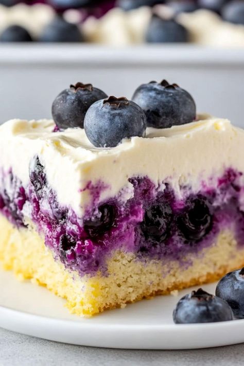 If you're looking for an irresistible treat, this lemon blueberry poke cake is guaranteed to please! It's light, fluffy, and full of sweetness! Lemon Blueberry Poke Cake, Berry Poke Cake, Blueberry Poke Cake, Blueberry Pudding Cake, Poke Cake Lemon, Moist Lemon Cake, Lemon Pound Cake Recipe, Blueberry Juice, Blueberry Lemon Cake