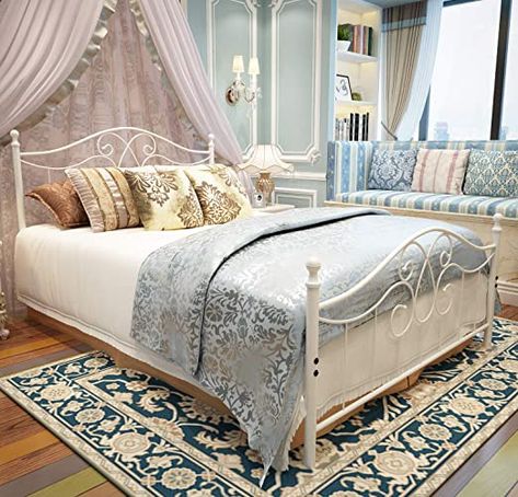 Princess Metal Bed Frame, Cute Full Size Bed Frame, White Steel Bed, White Metal Bed Frame Bedroom Ideas, Vintage Metal Bed Frame, Mafia House, Basic Bed Frame, Basic Bed, White Metal Bed Frame