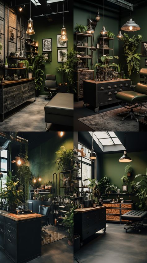 Tattoo Booth Decor Ideas, Green Tattoo Studio, Home Barbershop Ideas, Tattoo Room Design, Green And Black Aesthetic Room, Goth Salon Decor, Witchy Salon, Barber Suite Ideas, Tattoo Parlor Aesthetic