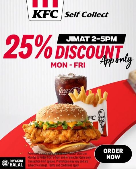 KFC Self Collect Weekday 2pm - 5pm 25% Discount Promotion Kfc Poster, Kfc Aesthetic, Kfc Delivery, Graphic Advertisement, Kfc Recipe, Marketing Case Study, Food Discount, Food Promotion, Nursing Diagnosis