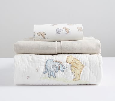 Disney Winnie The Pooh Organic Muslin Swaddle Set | Pottery Barn Kids Winnie Nursery, Vintage Winnie The Pooh Nursery, Classic Pooh Nursery, Festive Bedding, Organic Crib Sheets, Pooh Nursery, Crib Fitted Sheet, Winnie The Pooh Nursery, Nursery Quilt